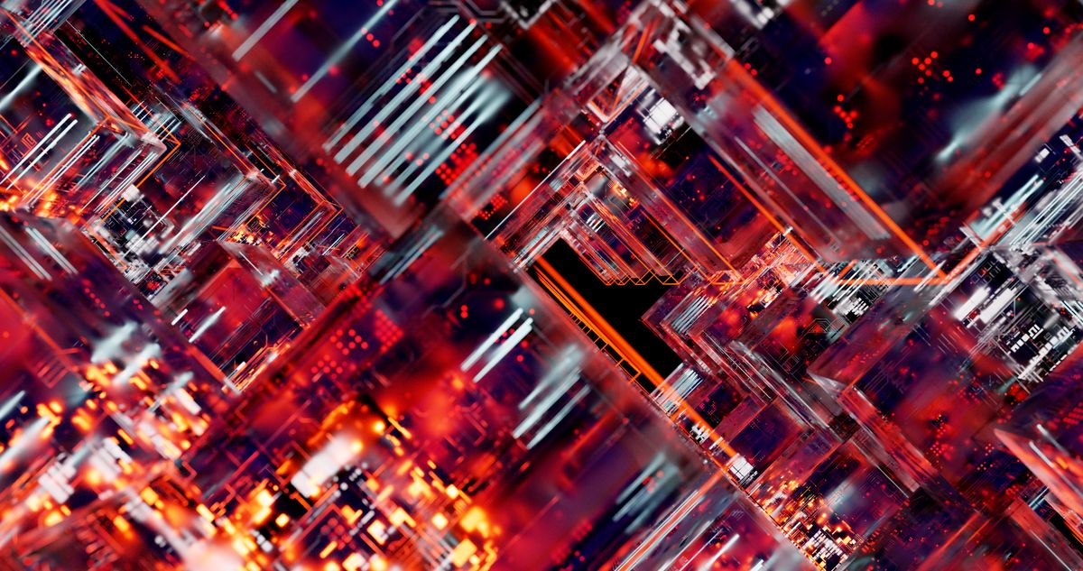 Abstract glowing red and white digital circuit render illustrating a language model's compute layer