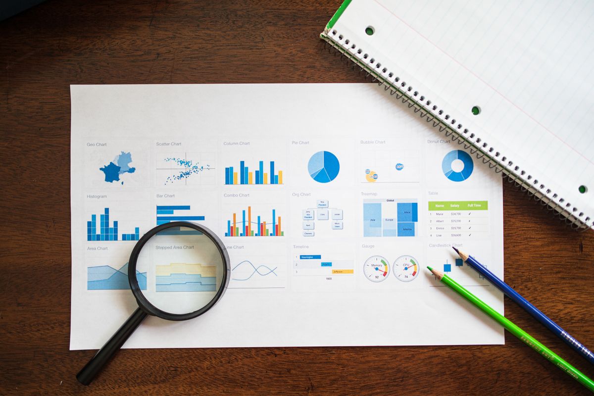 Overhead view of a printed sheet of charts with a magnifying glass and pencils on a wooden table