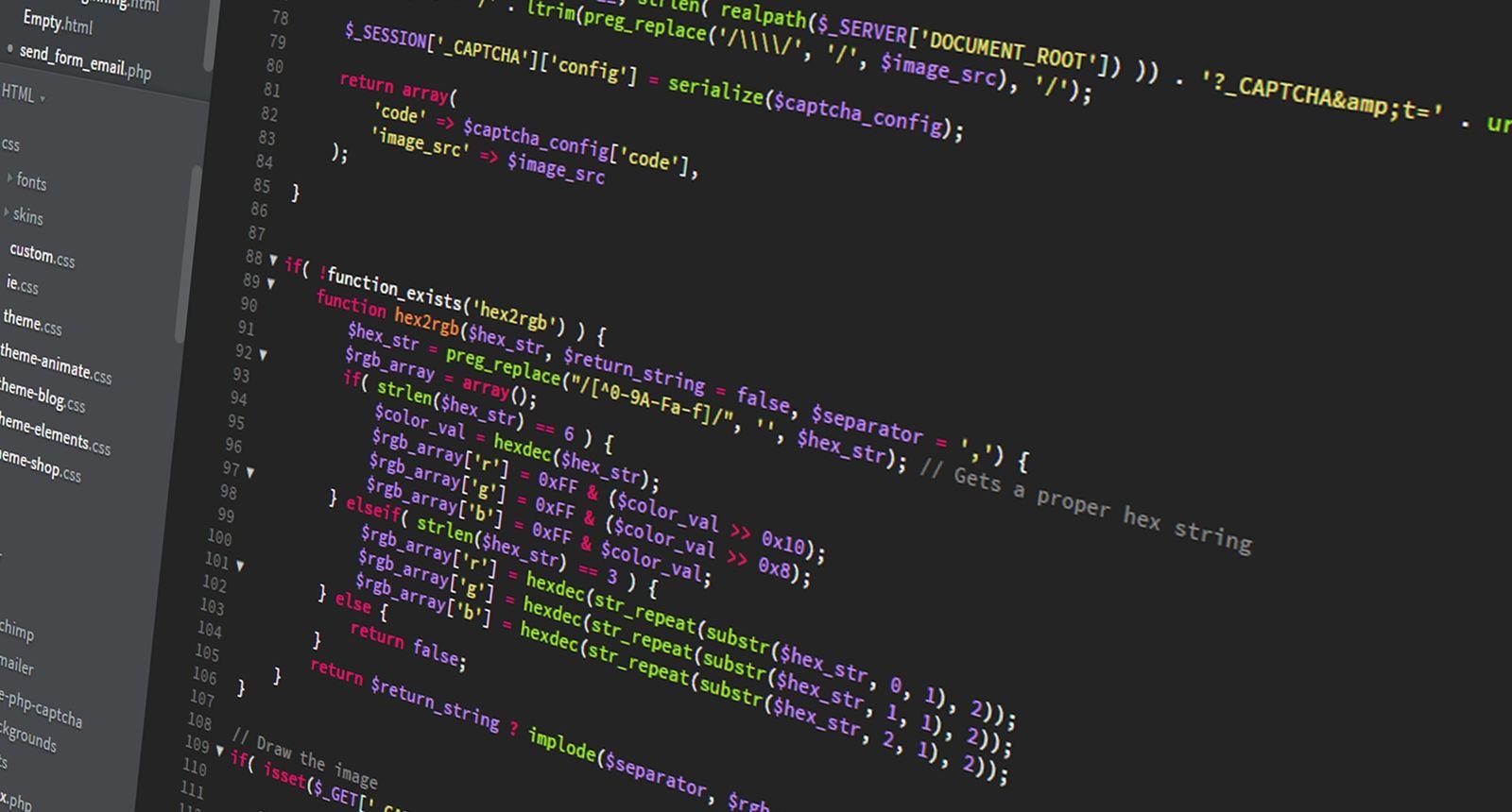 Syntax-highlighted PHP source code in a dark-themed editor, with the project's file list on the left