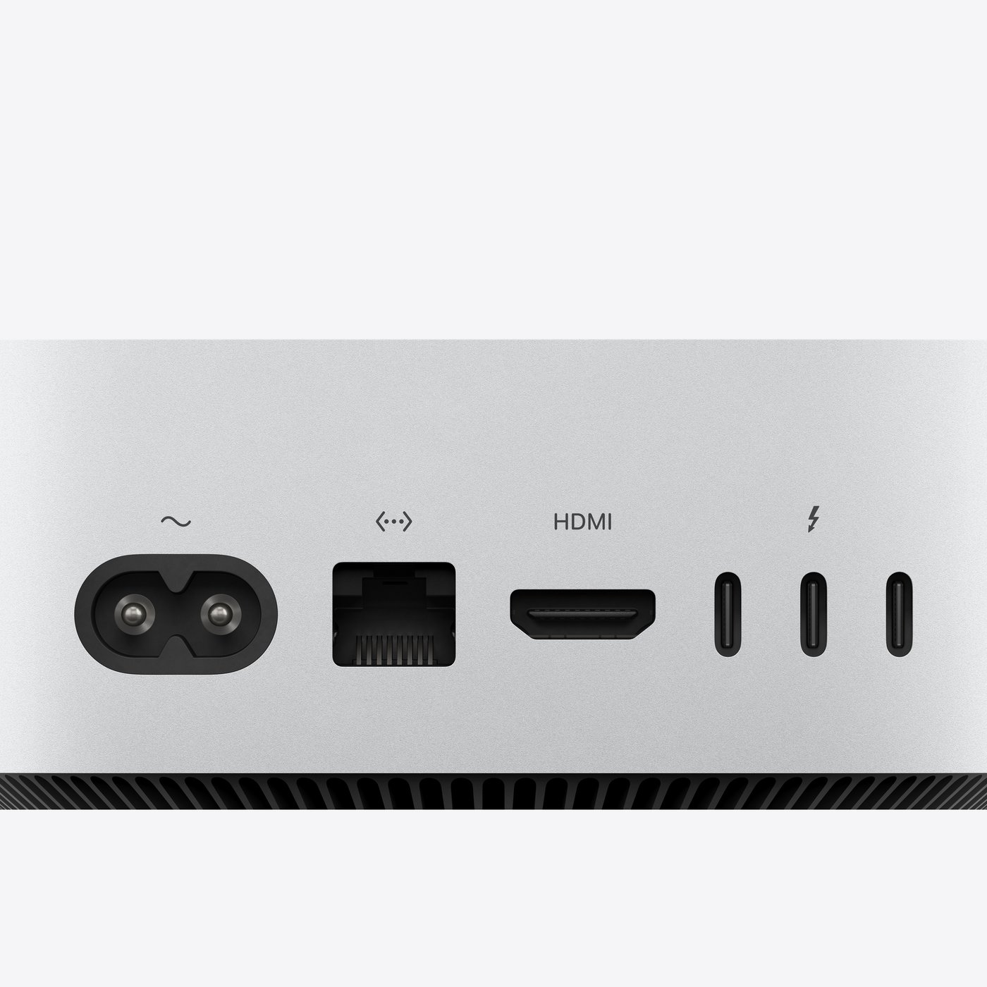 Mac mini — cận cảnh cổng mặt sau: nguồn, Ethernet, HDMI, Thunderbolt